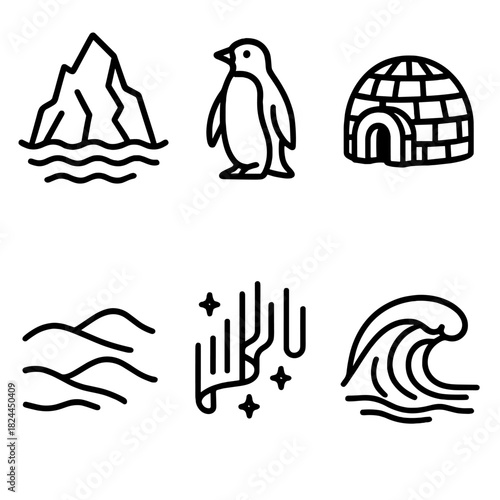 Arctic Icon Set. Arctic Scene linear icon set : iceberg, penguin, igloo, northern lights, snowdrift, frozen wave