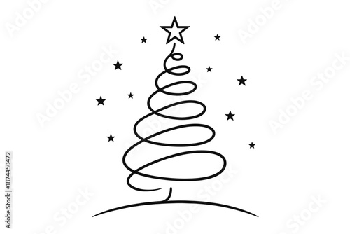 Minimalist Swirling Christmas Tree. Minimalist Christmas tree composed of swirling lines, topped with a star, and surrounded by scattered smaller stars. The tree sits on a gentle,