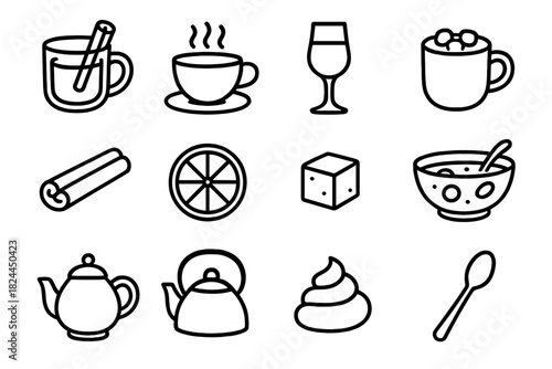 Winter Drink Icons. Winter Beverages linear icon set: mulled wine mug, teacup with steam, sherry glass, hot cocoa, cinnamon stick, orange slice, sugar cube, punch bowl, teapot