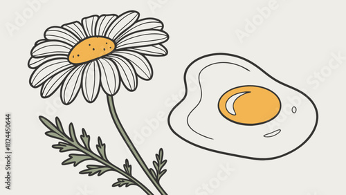 Illustration of a daisy flower with green leaves and a fried egg on a light background image art