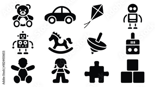 Set of toy icons simple black glyph vector design perfect for childrens app design or educational infographics isolated on white