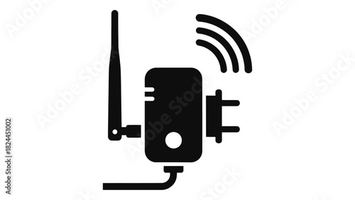 Wifi range booster and signal extender icon with antenna and wireless waves, modern network connectivity symbol for home