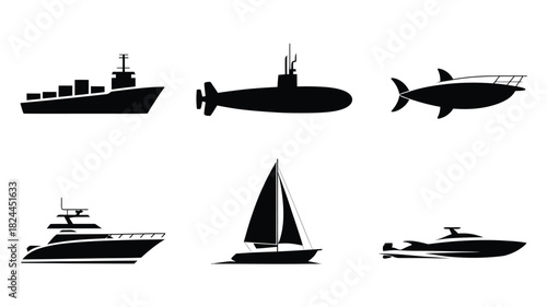 Set of maritime transport icons simple black glyph style vector design elements for web and print isolated on white background