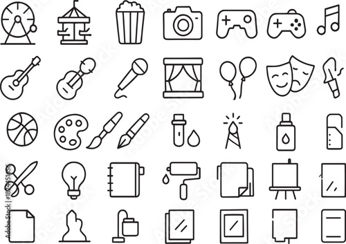 Collection of diverse entertainment and creative icons in a line art style Vector