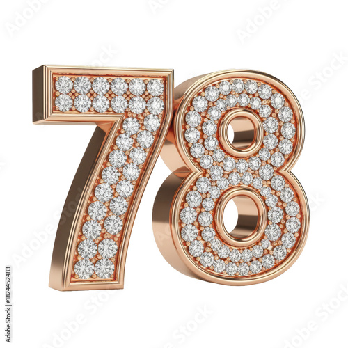 Luxurious rose gold number seventy-eight with dazzling diamonds, perfect for a special anniversary or birthday celebration. This isolated 3D render exudes elegance and opulence