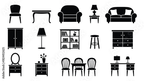Furniture silhouette set minimalist vector icons for interior design and home decor isolated on white background