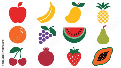 Set of colorful fruit icons flat vector design healthy food illustration for web and print