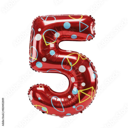 Shiny red number 5 foil balloon with a colorful geometric pattern, perfect for a fifth birthday party or anniversary celebration