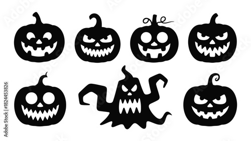 Set of Halloween pumpkin silhouettes spooky carved faces and a ghost vector illustration for holiday designs and decorations