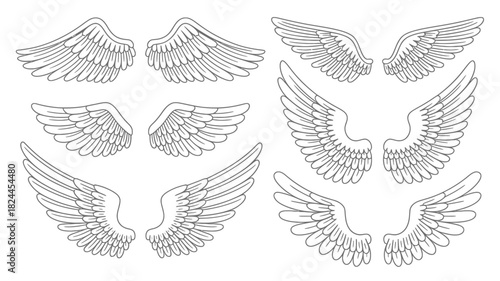 Set of detailed angel wings illustrations hand-drawn line art vector designs perfect for tattoo art or religious themes