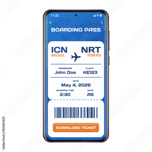 Realistic illustration of digital airplane ticket boarding pass electronic with passenger name and destination. Concept of travel, journey or business trip.