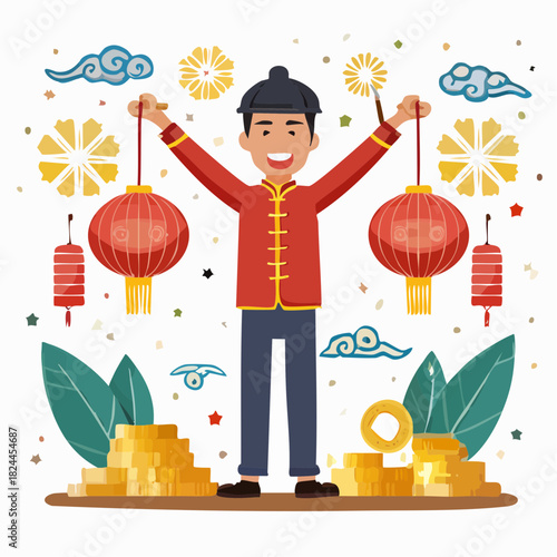 Cartoon vector illustration of a boy and girl in winter clothing having fun for a holiday kids' card design