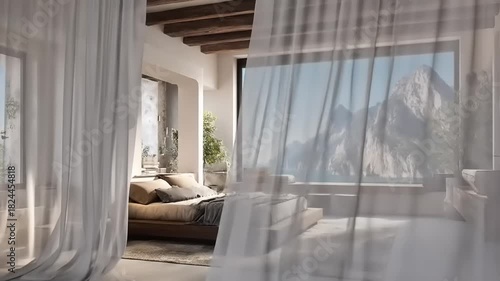 A spacious bedroom with panoramic mountain and lake views showcases a rustic-modern design.