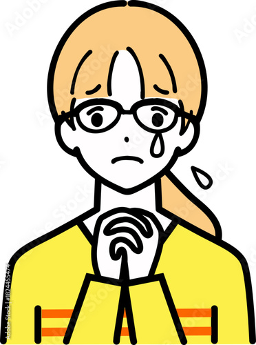 涙を流している眼鏡をかけた若い女性の上半身のイラスト