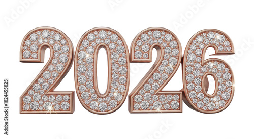 Sparkling 2026 numbers in rose gold, encrusted with shimmering diamonds on a white background, symbolizing a prosperous new year