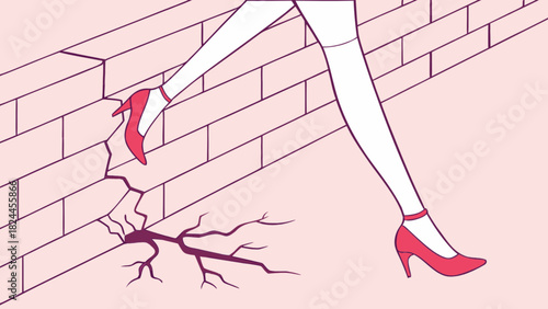 Illustration showing legs in heels walking past a cracked brick wall in a minimalist style art work