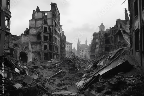 Desolate City Street in War Ruins with Smoke and Destroyed Buildings