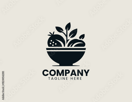 Fresh salad dish presented with leafy ingredients crafted in a clean bold black vector illustration logo