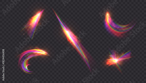 A set of colourful glowing highlights with soft iridescent light refraction on a dark background. Vector prismatic light strips, bright vector effects for creating magical effects and light overlays.