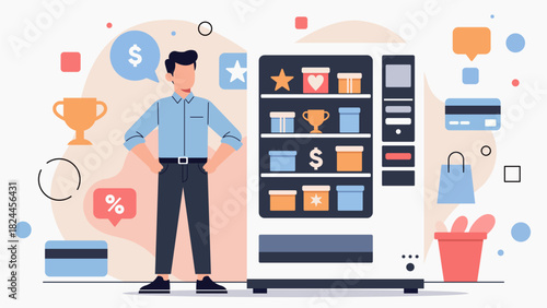 Modern Flat Illustration of a Person Receiving Gifts from a Giant Reward Machine