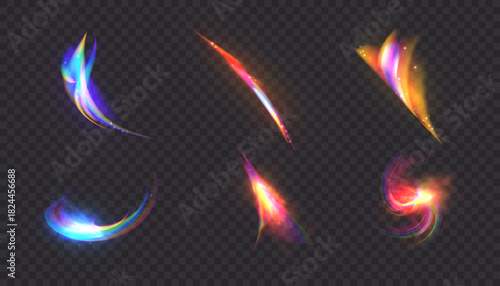 A set of iridescent holographic light effects with a soft glow, rays, rings, and stripes on a dark background. Light refraction and rainbow highlights. Vector.