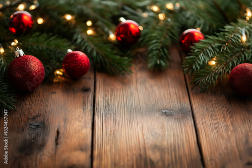 Wooden Table with Pine Branches and Red Ornaments with Warm Holiday Lights