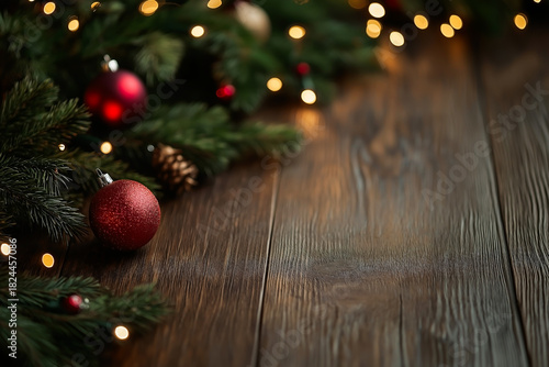 Wooden Table with Pine Branches and Red Ornaments with Warm Holiday Lights