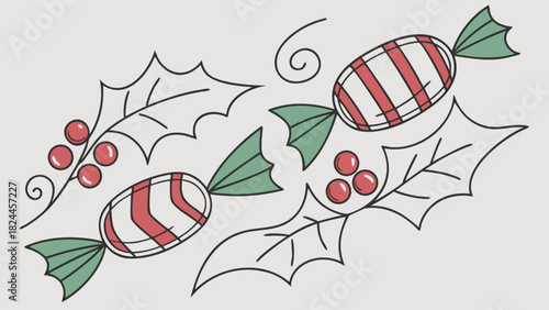 Illustration of christmas candies with red stripes and holly leaves on a light background color