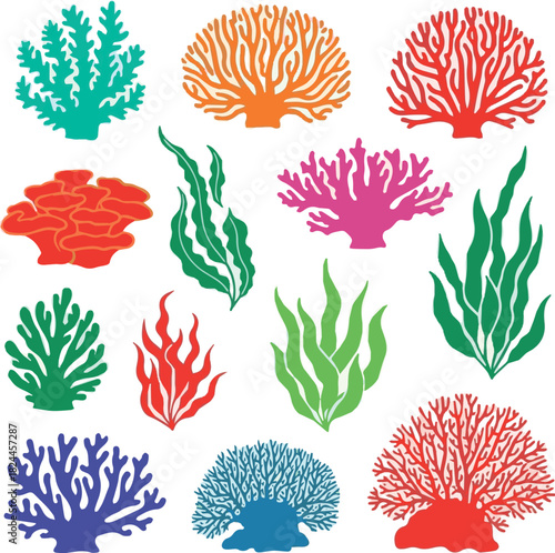 Vector set of colored corals and seaweeds silhouettes. Underwater coral reef and sea kelp in hand drawn doodle style. Marine aquarium plants illustration