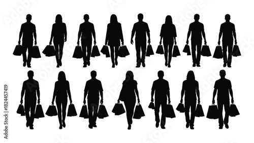 Shopping people silhouettes with bags isolated on white background, Vector