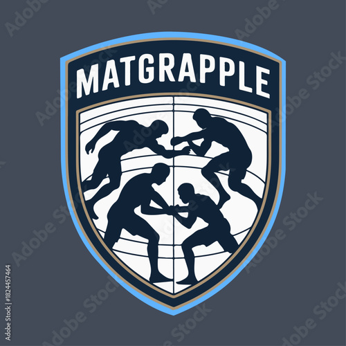 Matgrapple wrestling shield with grappling silhouettes on mat, classic team crest logo, collegiate combat sports badge vector for clubs, tournaments and branding
