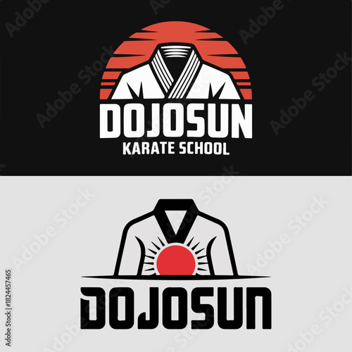 Dojosun karate school emblem with gi and rising sun, twin brand marks, martial arts academy logo set, clean vector for dojo signage, uniforms and merchandise