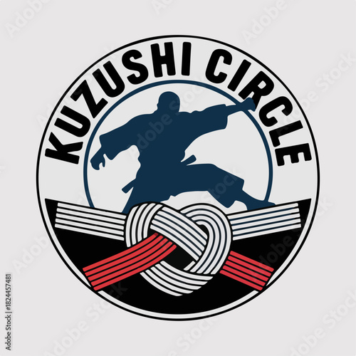 Kuzushi Circle judo emblem with belt knot and fighter silhouette, martial arts balance concept, round crest logo vector for dojo branding and training gear