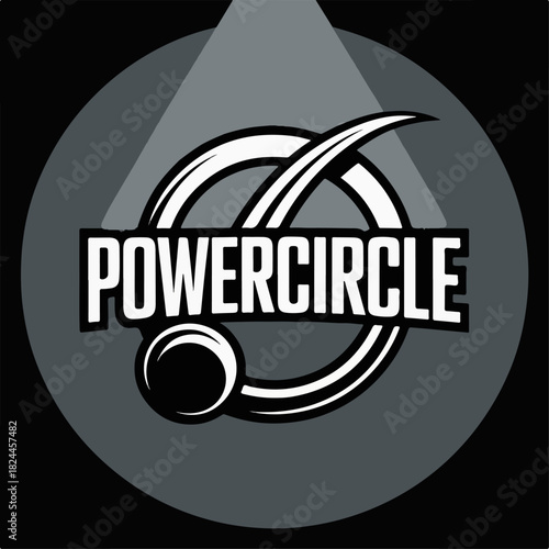 Powercircle metallic rings and sphere emblem under spotlight, bold industrial circular crest logo, modern abstract vector for energy, tech and fitness branding