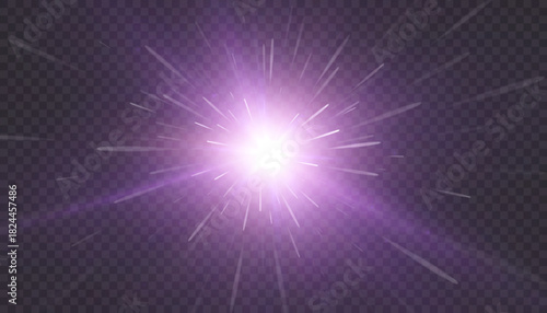 A bright purple light explosion with rays and a glowing stream of particles. A dynamic flash of a stellar explosion. A vector light effect for a dark background.