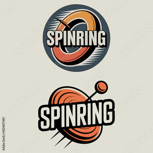 Spinring circular marks with spinning ring and gyroscope target, dynamic motion logo pair, modern abstract vector emblem for tech, toys and games branding
