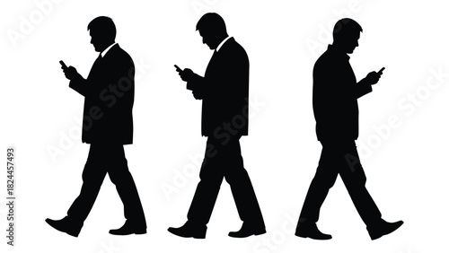 Men walking and using smartphones silhouettes isolated on white background, Vector