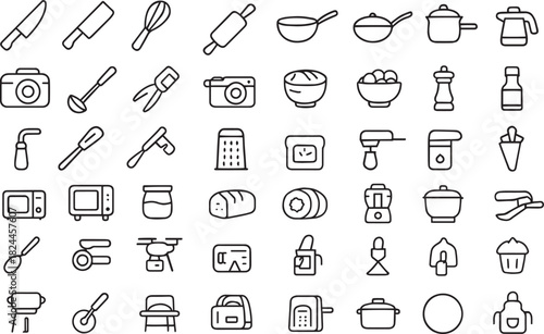 Collection of kitchen utensil and appliance icons in simple outline style Vector