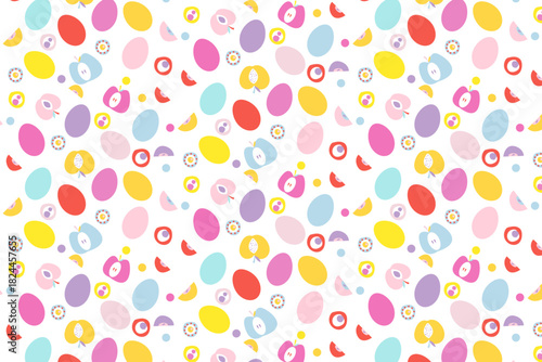 Seamless pattern with a playful mix of colorful Easter eggs, bunnies, and flowers on a white background. Ideal for festive spring designs, textiles, or party decor.