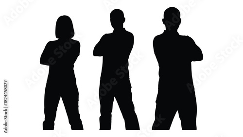 Three people silhouettes with crossed arms isolated on white background, Vector