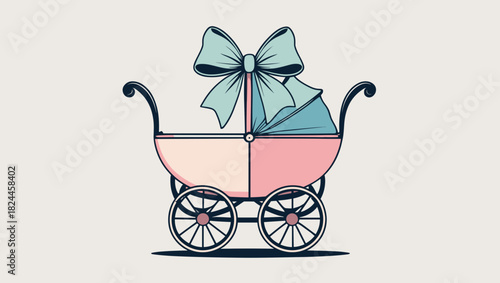 Cute baby carriage with a bow and blanket on a simple background