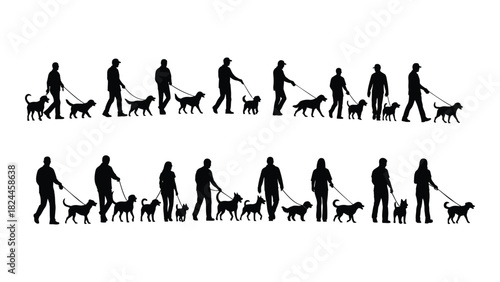 People and dogs walking silhouettes isolated on white background, Vector