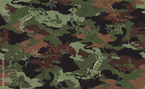 Seamless striped lizard camo pattern. Repeating vector illustration with green and brown geckos hiding on a camouflage background. Apparel textile print.