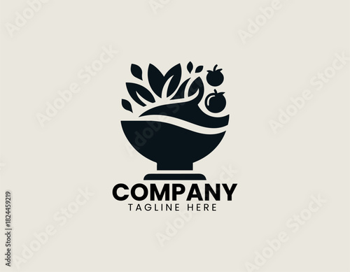 Fresh salad dish presented with leafy ingredients crafted in a clean bold black vector illustration logo