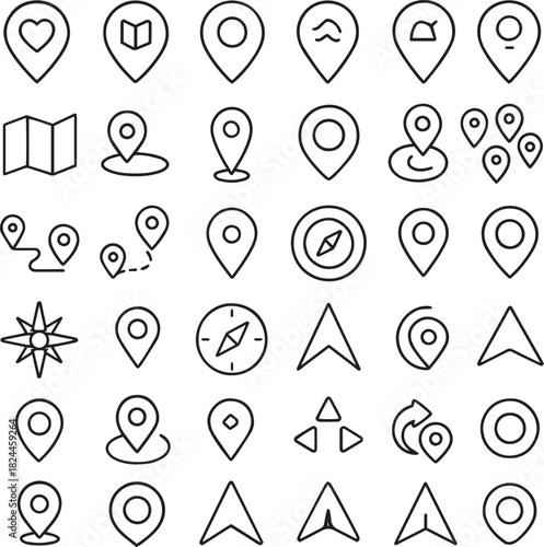 Collection of navigation and location icons for maps and travel, line art Vector