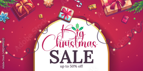 Festive Christmas sale banner featuring gift boxes, holly, glowing string lights, candy canes, and bright red background framing a bold “Big Christmas Sale” message. Ideal for holiday promotions.