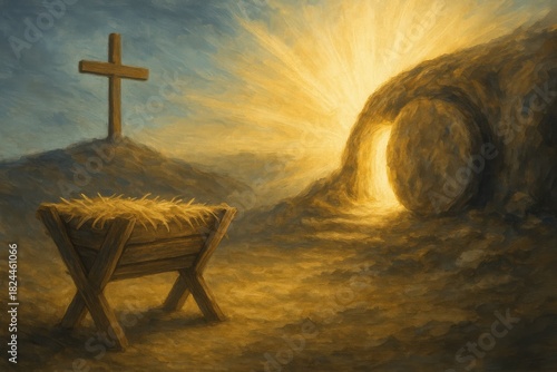 An Artistic Representation of the Birth and Resurrection Theme Featuring a Cross, Manger, and Sunrise Over an Empty Tomb