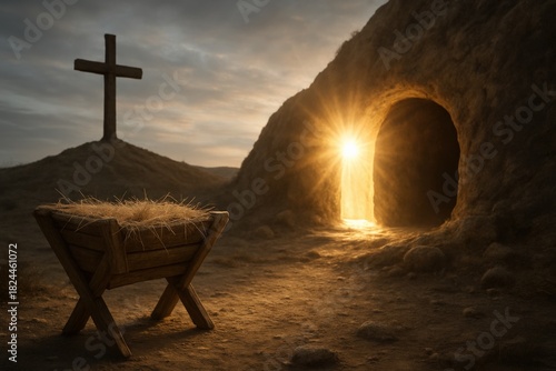 A Serene Scene of a Manger with Hay at Sunrise Next to a Cave Entrance Illuminated by Light with a Cross in the Background