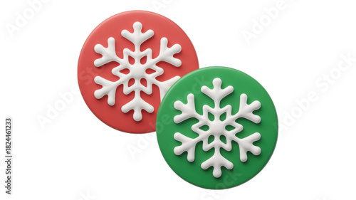 Two festive oval shaped christmas cookies decorated with white snowflake icing isolated on transparent background