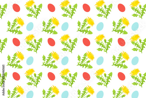 Seamless pattern with cheerful dandelions and colorful Easter eggs on a white background. Perfect for spring, Easter-themed designs, fabric, or wrapping paper.